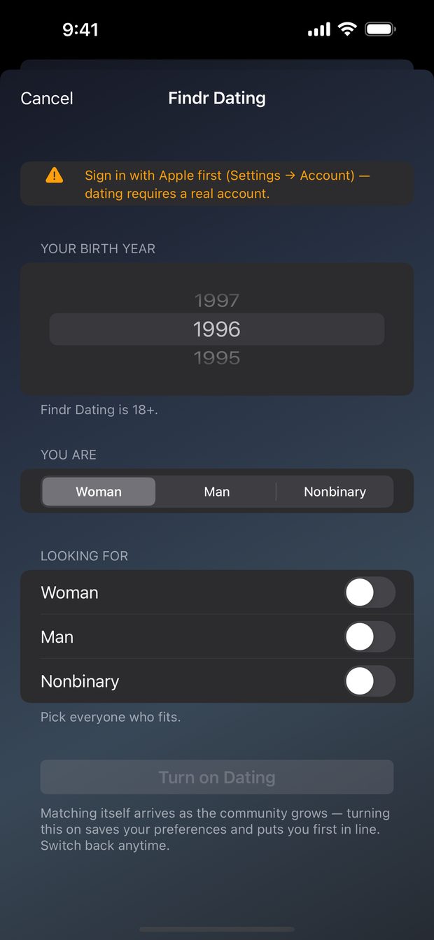 Findr Dating setup: birth year, who you are, and who you are looking for