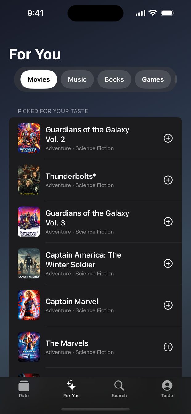 Findr's For You screen listing recommendations picked for your taste