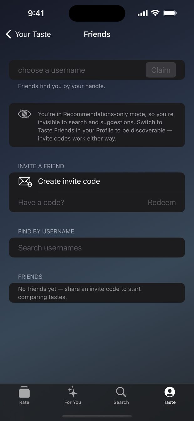 Findr's Friends screen: claim a username, create or redeem an invite code, and find people by username