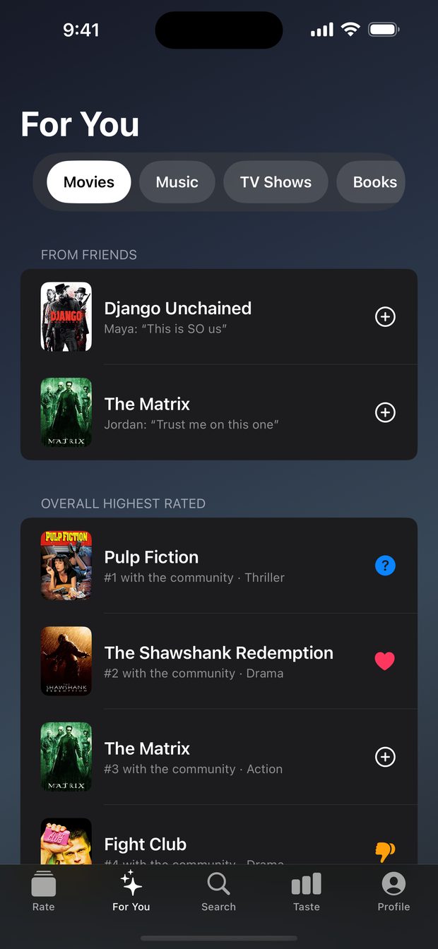 Findr's For You screen: recommendations sent by friends with their notes, followed by the titles rated highest by the community