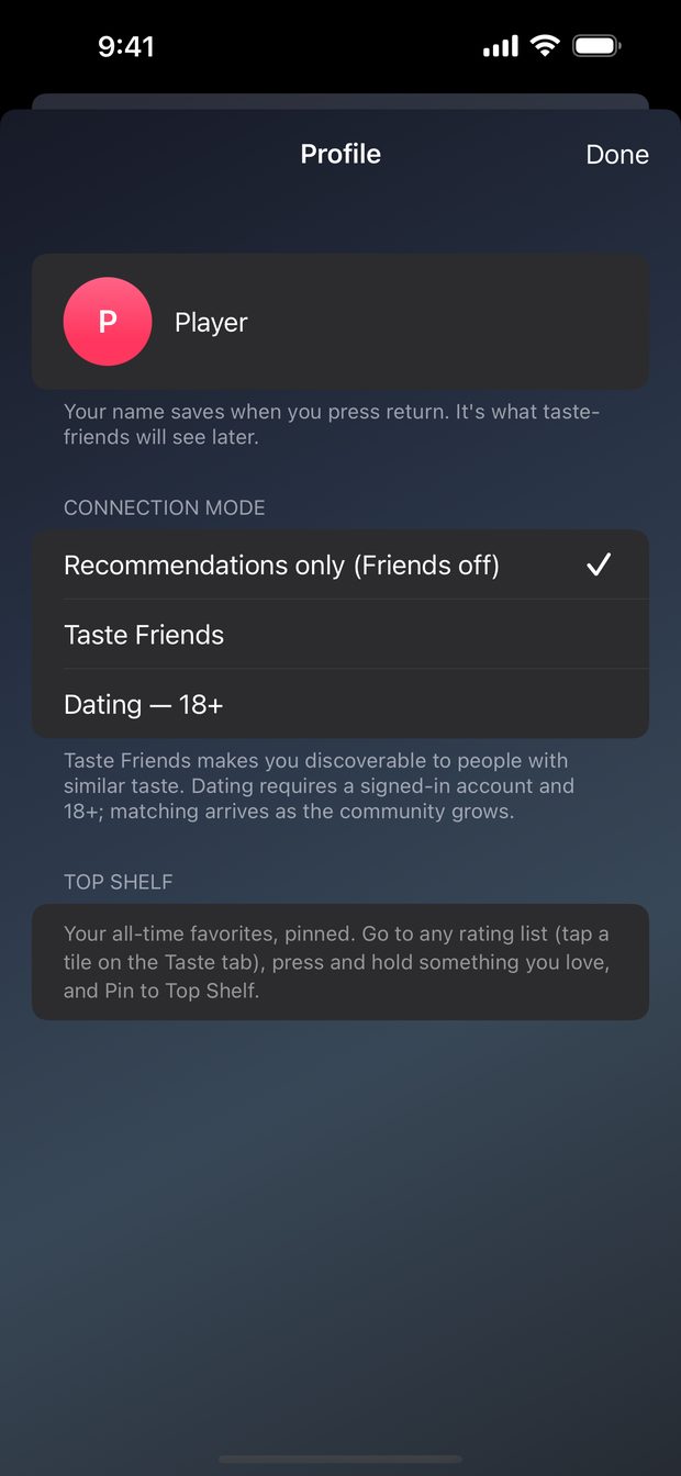 Findr's connection modes: Recommendations only, Taste Friends, and Dating 18 plus