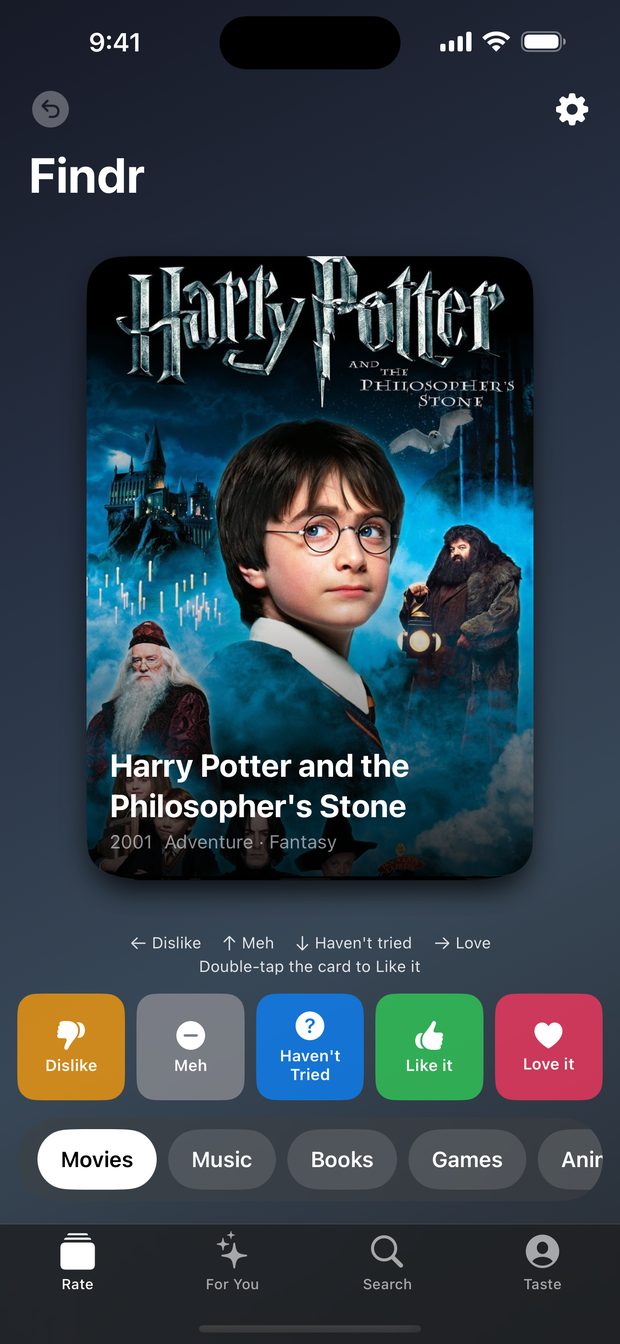 Findr's rating deck showing a film poster with five tiers: Dislike, Meh, Haven't tried, Like it, Love it